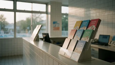 Vue du bureau de réception d'une piscine intérieure avec des brochures de forfaits mensuels, des murs carrelés blancs et une lumière douce de fin de journée créant une ambiance calme et professionnelle.