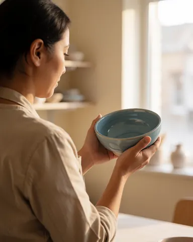 Une femme examine une tasse en céramique bleue dans un atelier de poterie baigné de lumière naturelle avec des étagères en arrière-plan.
