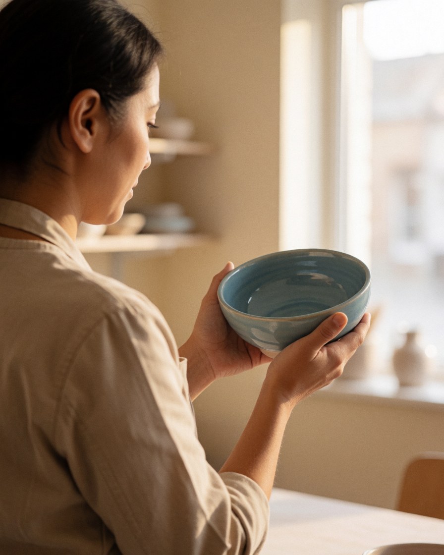 Une femme examine une tasse en céramique bleue dans un atelier de poterie baigné de lumière naturelle avec des étagères en arrière-plan.
