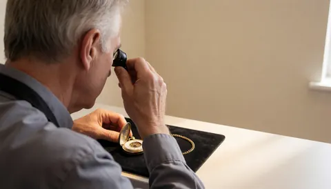 Un horloger examine une montre gousset ouverte à l'aide d'une loupe sur une surface sombre dans un atelier éclairé par la lumière naturelle.