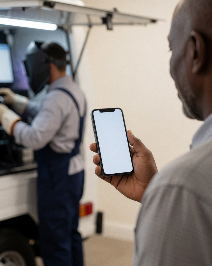 Une cliente examine son téléphone portable pendant qu'un technicien intervient sur un camion de service mobile devant un mur blanc et propre.