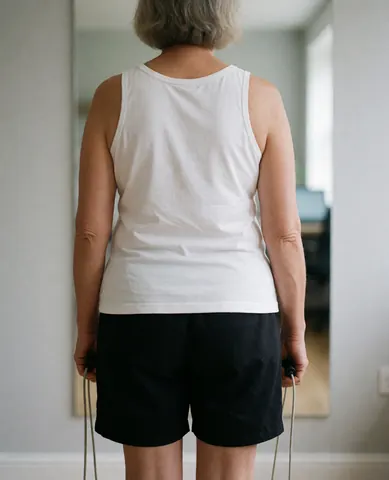 Une femme vue de dos saute à la corde dans une salle d'entraînement aux murs gris clair, idéale pour un centre de fitness ou un gymnase.