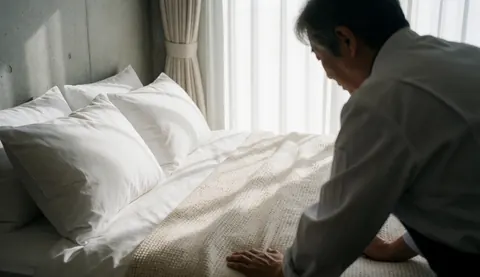 Une personne âgée arrange un lit avec des oreillers blancs et une couverture texturée, la lumière naturelle entre par les rideaux, mur en béton, idéal pour une maison d'hôtes.