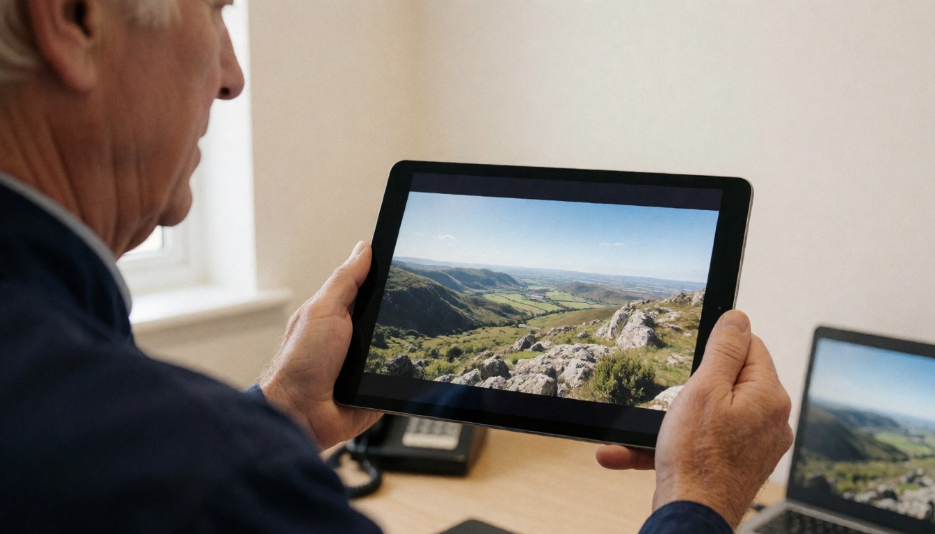 Un photographe professionnel montre une image panoramique sur une tablette dans un bureau lumineux avec un ordinateur en arrière-plan.