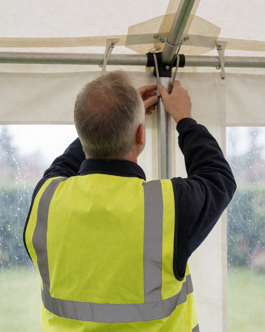 Un ouvrier en gilet de sécurité ajuste la structure métallique d'un auvent dans un jardin, vu de dos.