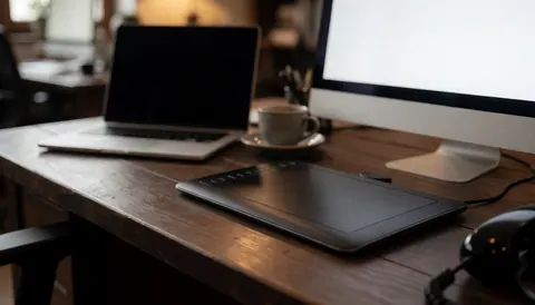 Tablette graphique et écran posés sur une table en bois sombre dans un atelier de photographie, accompagnés d'une tasse de café créant une ambiance chaleureuse.