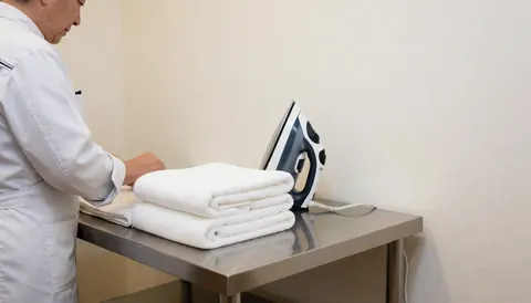 Vue de dos d'une personne repassant des serviettes blanches sur une table en acier inoxydable dans une laverie aux murs crème.