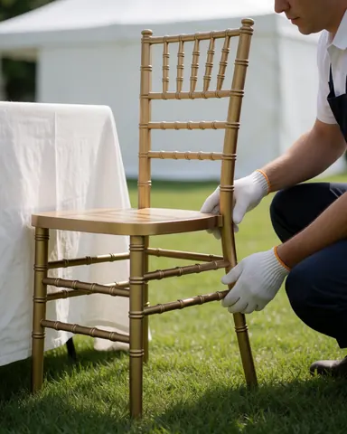 Des mains gantées ajustent une chaise Chiavari dorée dans un jardin avec pelouse, près d'une table avec nappe blanche, idéal pour le mobilier d'événements.