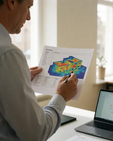 Un client analyse une carte thermique d'un immeuble dans un bureau moderne éclairé par la lumière du jour, avec un stylo et un ordinateur portable sur le bureau.