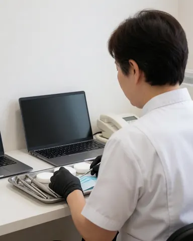 Un thérapeute en uniforme blanc et gants noirs prépare des instruments de soin sur un plan de travail moderne et propre.