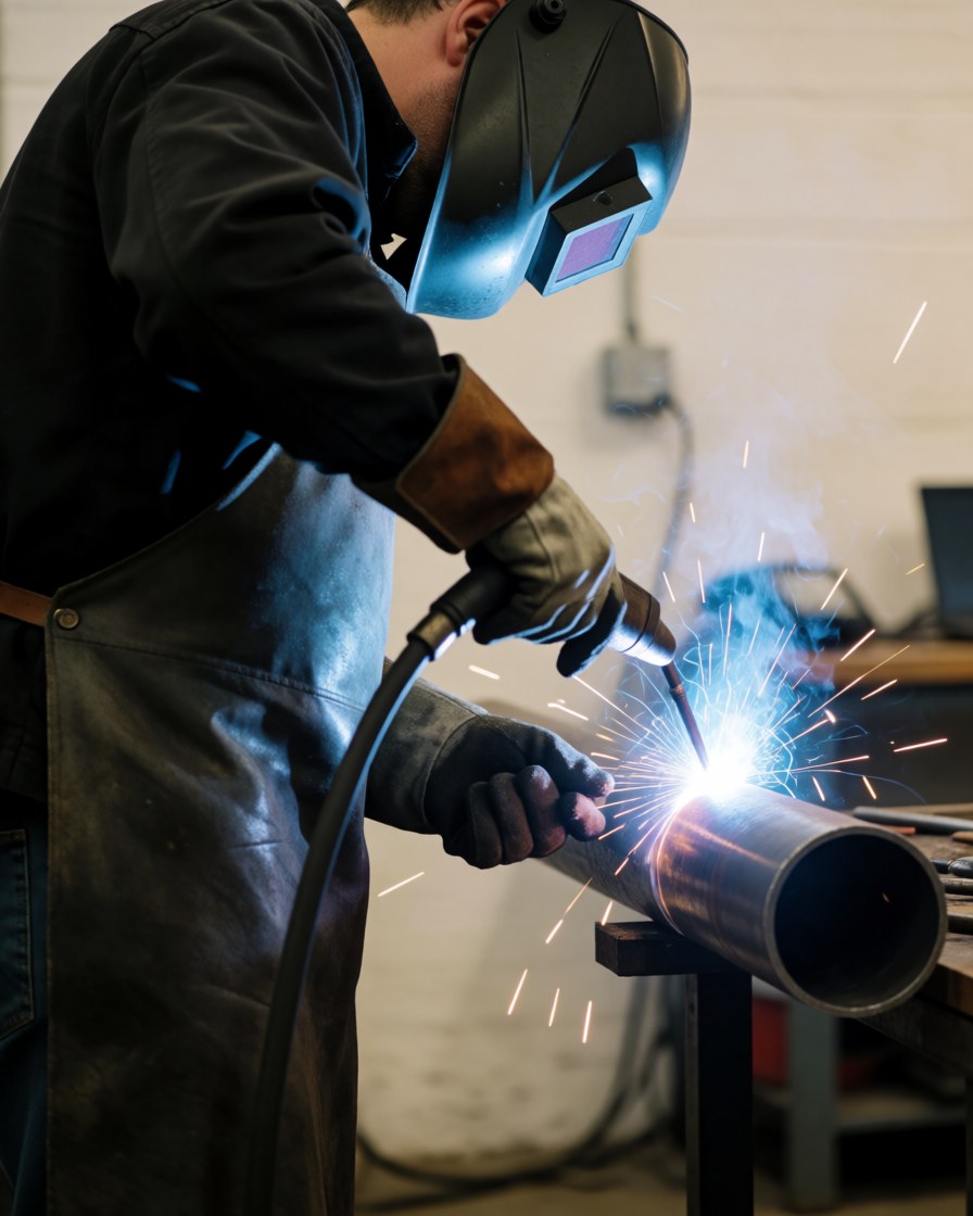 Soudeur professionnel avec casque et gants en cuir, réalisant une soudure sur un tube en acier dans un atelier industriel avec des étincelles brillantes.