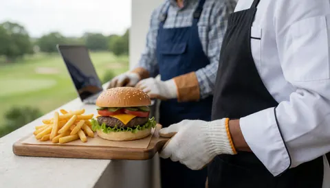 Burger gourmet accompagné de frites posé sur une planche en bois en terrasse avec vue sur un terrain de golf, idéal pour un restaurant.