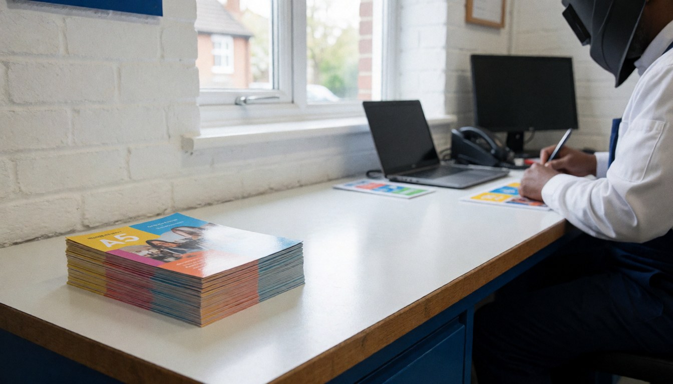 Pile de flyers A5 sur un bureau avec mur en briques blanches, une personne travaillant avec un crayon et un ordinateur portable, idéal pour une entreprise d'imprimerie.