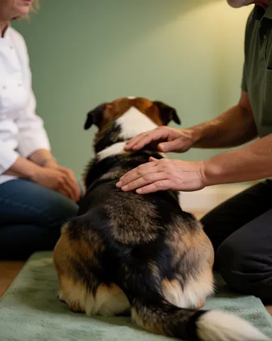 Un chien reçoit des soins de reiki avec des mains sur son dos dans un cadre calme et relaxant pour son bien-être.