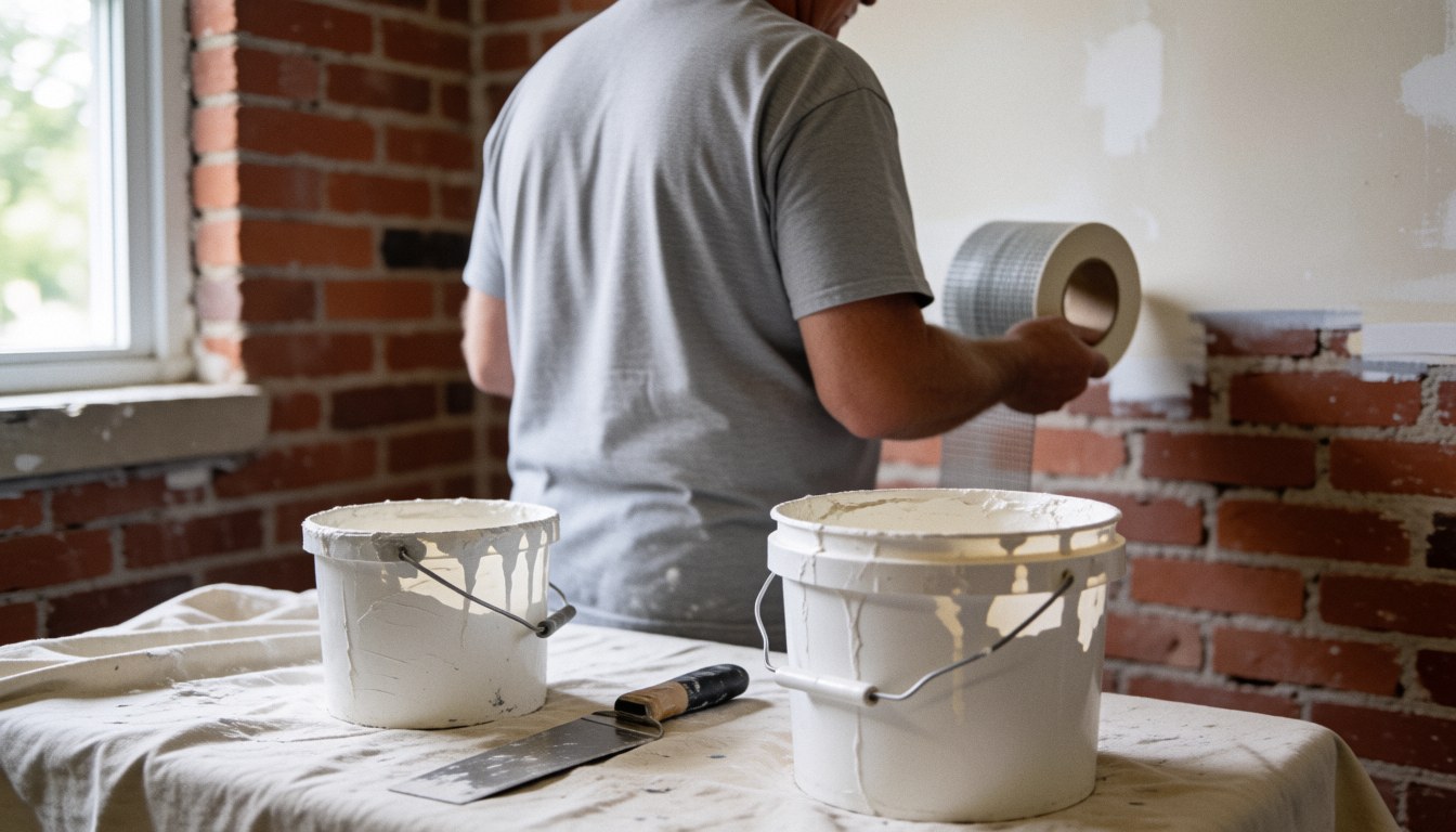 Un professionnel répare des murs en utilisant du ruban d'aluminium, du mastic et un couteau à joint sur une table avec des briques apparentes.