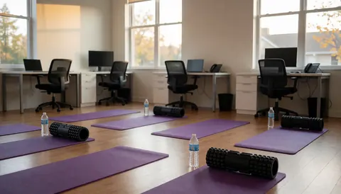 Des tapis de yoga violets et des rouleaux de mousse noirs disposés dans un espace de récupération baigné de lumière naturelle.