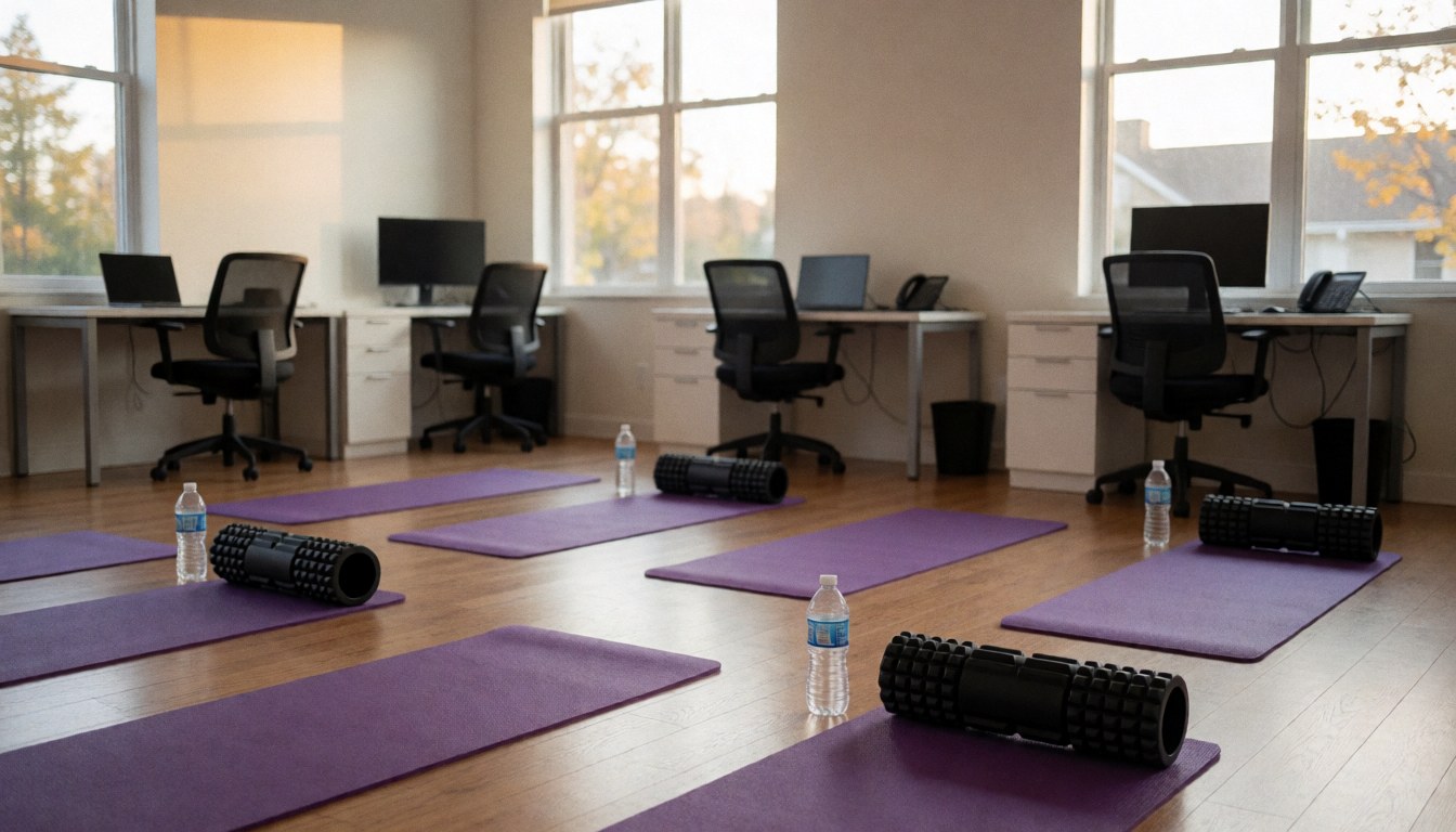 Des tapis de yoga violets et des rouleaux de mousse noirs disposés dans un espace de récupération baigné de lumière naturelle.