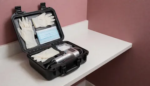 Kit stérile ouvert avec gants, masque et main courante laser sur comptoir blanc, mur rose, pour clinique de dépilation.