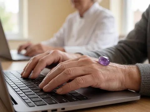 Mains posées sur le clavier d'un ordinateur portable, portant une bague en améthyste, avec un mur beige en arrière-plan et une lumière naturelle.
