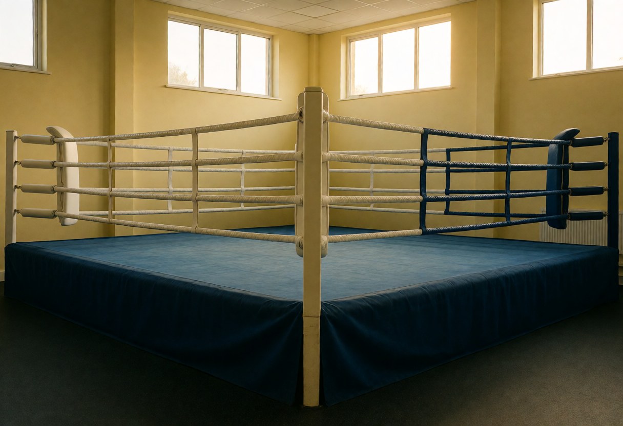Ring de boxe équipé de cordes blanches et bleues dans un gymnase aux murs jaunes et aux fenêtres hautes, prêt pour l'entraînement.