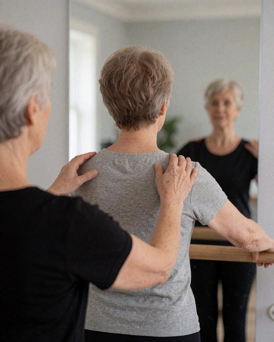Un instructeur de danse corrige la posture d'une étudiante devant un miroir dans un studio aux murs gris et à la lumière naturelle.