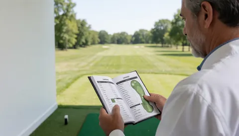 Instructeur de golf professionnel tenant un carnet de yardage ouvert, regardant le parcours depuis le tee box, scène adaptée pour bannière de site web.