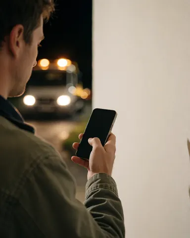 Une cliente utilise son téléphone portable en attendant l'aide d'un remorquage, avec les lumières du camion en arrière-plan sur un mur blanc dans une scène nocturne.