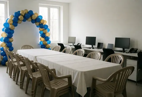 Salle de fête avec arc de ballons bleus et dorés, longue table avec nappe blanche et chaises empilées, murs blancs et lumière naturelle par les fenêtres.