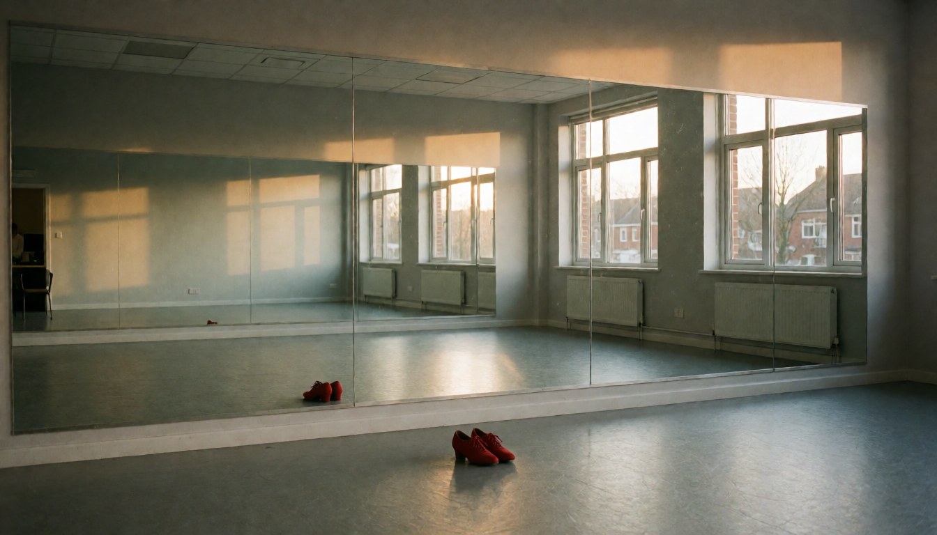 Paire de chaussures de salsa rouges posée sur le sol d'un studio de danse vide avec des miroirs et une lumière naturelle, idéal pour une école de danse.