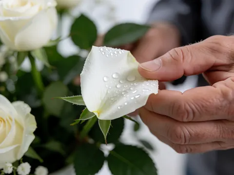 Mains de fleuriste effleurant un pétale de rose blanche parsemé de gouttes d'eau, entouré de feuilles vertes dans un décor floral.