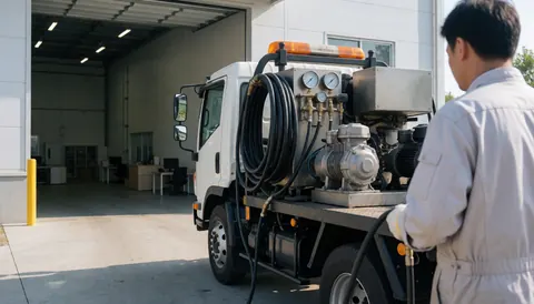 Un ouvrier en uniforme utilise un équipement de lavage industriel monté sur un camion devant une usine moderne avec des tuyaux et des manomètres visibles.