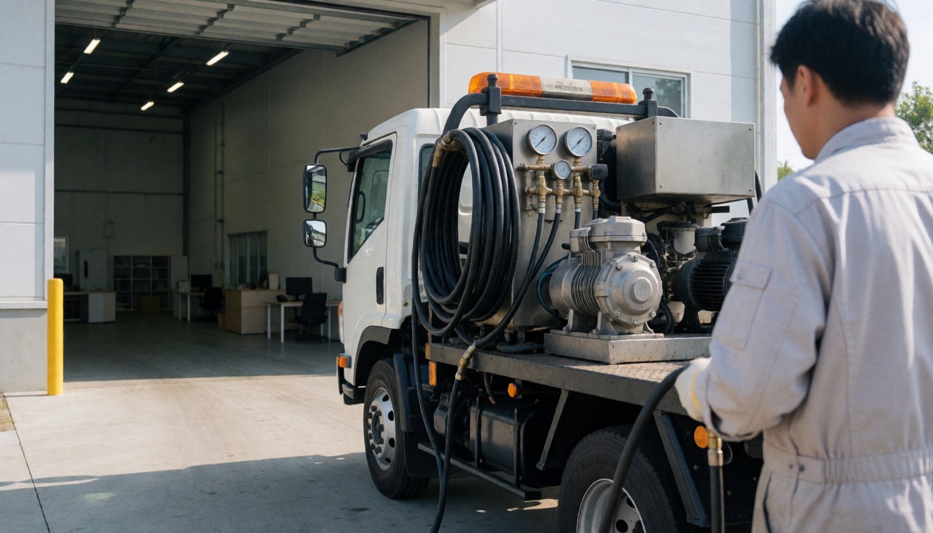 Un ouvrier en uniforme utilise un équipement de lavage industriel monté sur un camion devant une usine moderne avec des tuyaux et des manomètres visibles.