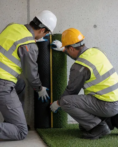 Deux ouvriers en tenue de sécurité mesurent une surface de pelouse synthétique installée sur un terrain de tennis extérieur.