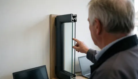 Un vendeur montre une fenêtre en PVC sur un comptoir avec un profil visible sur un mur blanc, mettant en valeur le produit d'installation de fenêtres.