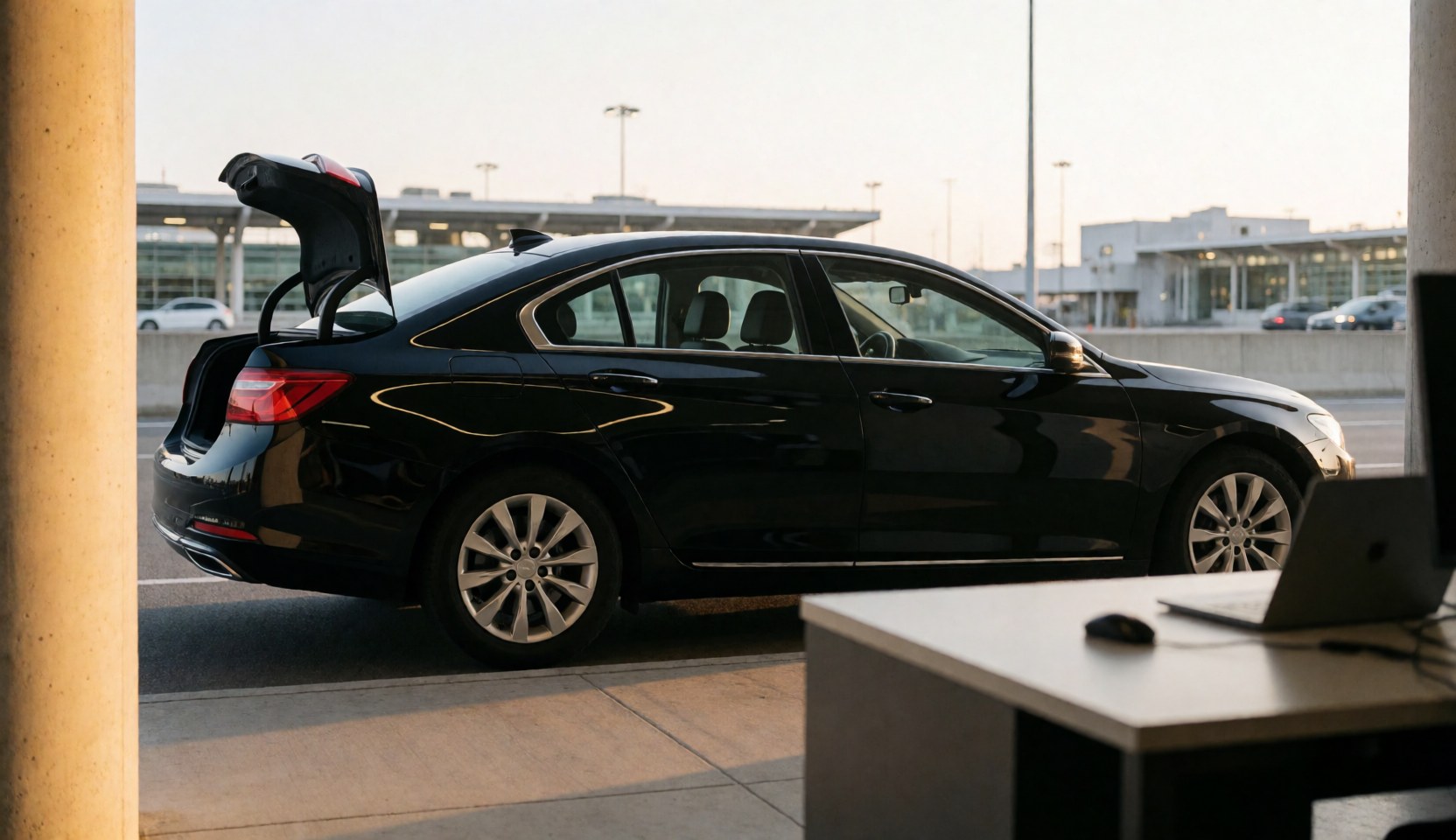 Un sedan noir avec le coffre ouvert dans un aéroport, une laptop sur un bureau à proximité, idéal pour les services de transport et les voyages professionnels.