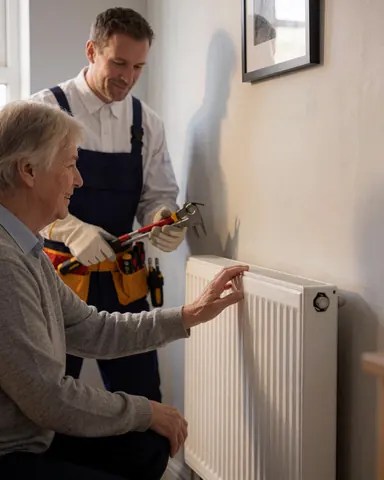 Cliente âgée souriante touchant un radiateur blanc, technicien avec outils sur mur gris, scène de réparation de chaudières