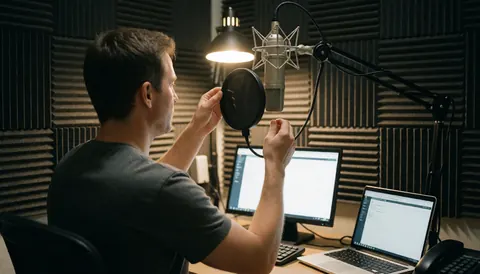 Un homme ajuste un filtre anti-pop devant un microphone dans un studio d'enregistrement équipé d'ordinateurs et d'une acoustique professionnelle.
