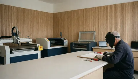 Un professionnel travaille à une table dans un atelier équipé de machines CNC et laser, entouré d'outils et de panneaux en bois.