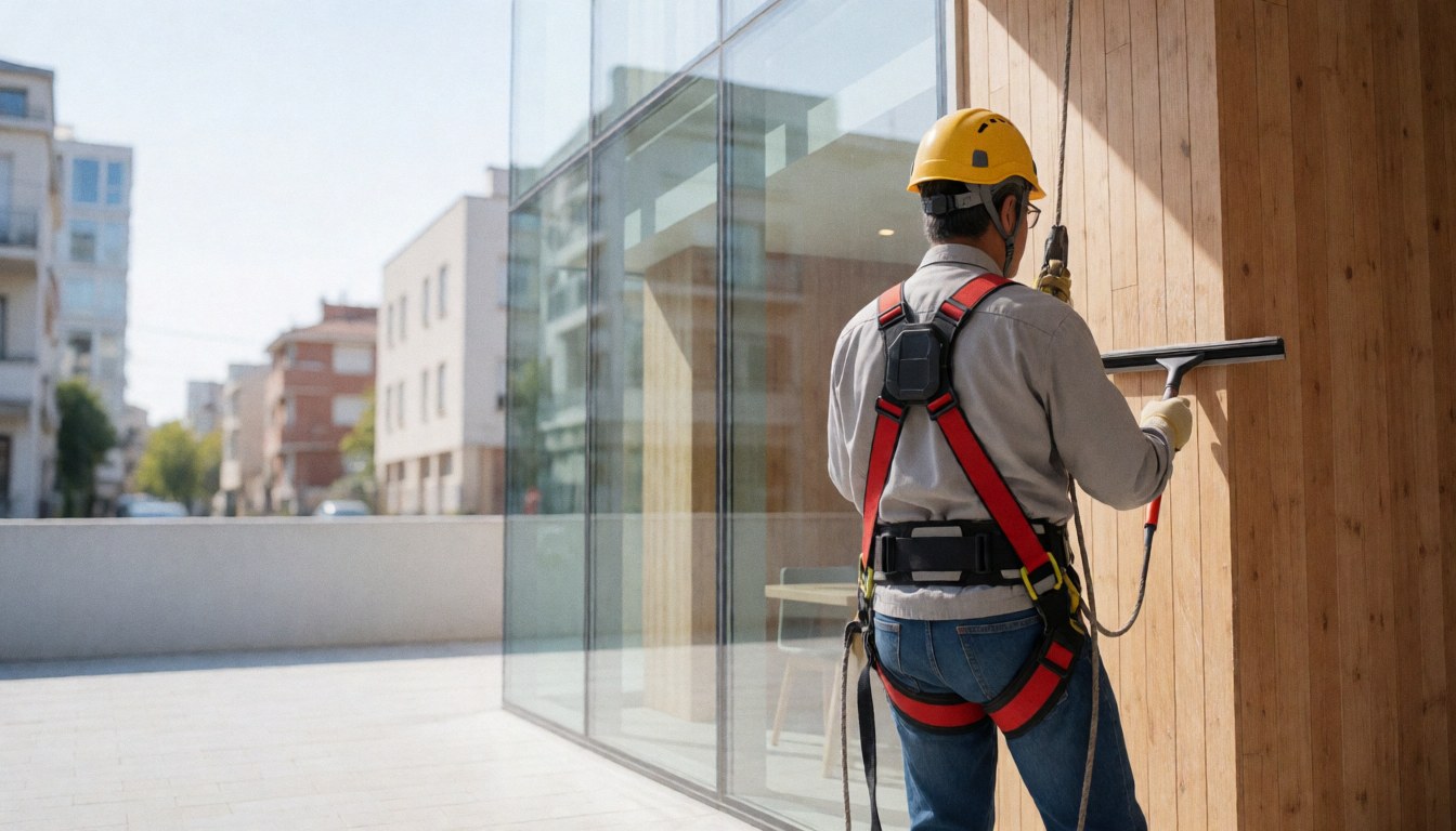 Un ouvrier équipé d'un harnais et d'un casque utilise une raclette pour nettoyer une façade en verre, avec un mur en bois visible sur le côté par temps ensoleillé.