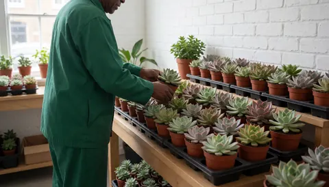 Jardinier organisant des succulentes en pots sur une table en bois dans un magasin de plantes avec un mur de briques blanches et une lumière naturelle.