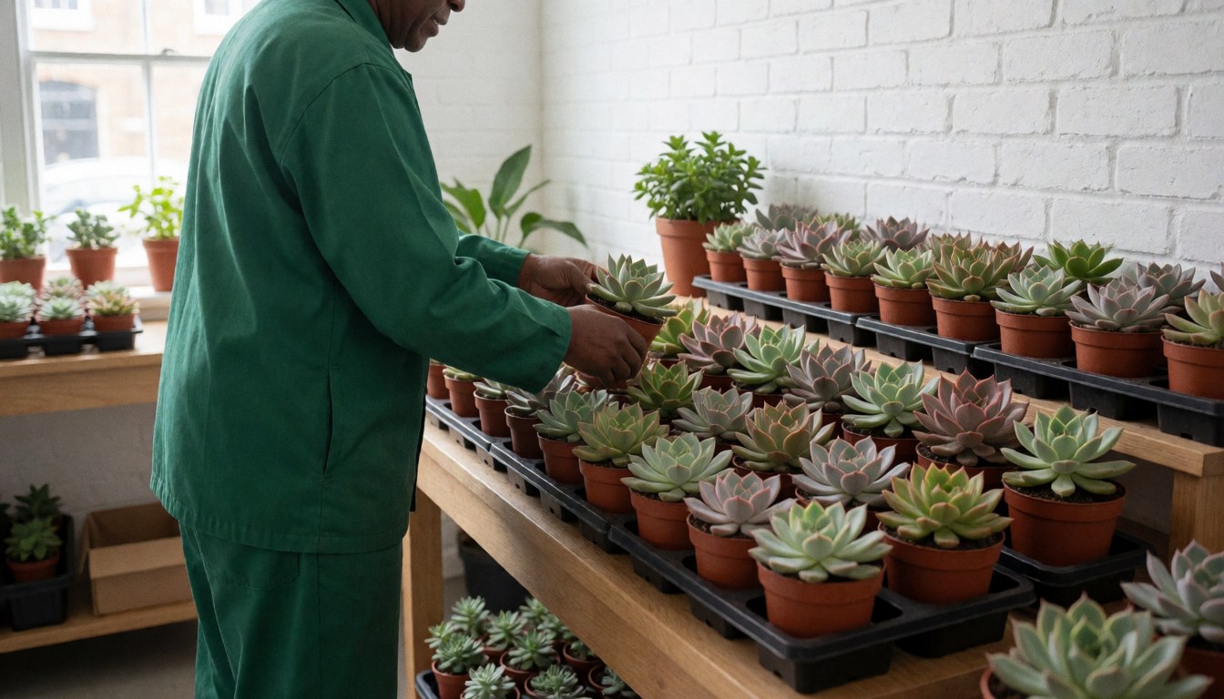 Jardinier organisant des succulentes en pots sur une table en bois dans un magasin de plantes avec un mur de briques blanches et une lumière naturelle.