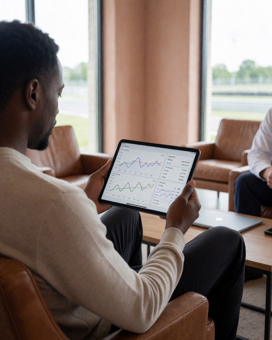 Une cliente utilise une tablette pour analyser des graphiques dans un salon en cuir avec vue sur une piste de course, dans un environnement moderne et détendu.