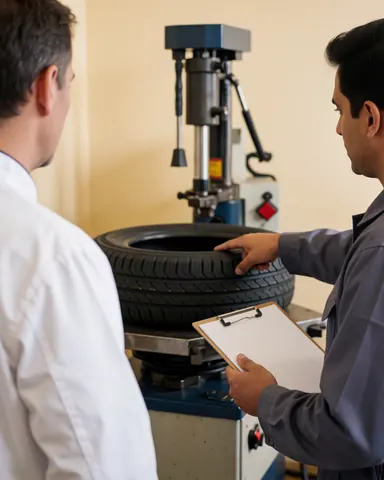Mécanicien expliquant la réparation d'un pneu à un client avec une machine visible dans un atelier bien éclairé