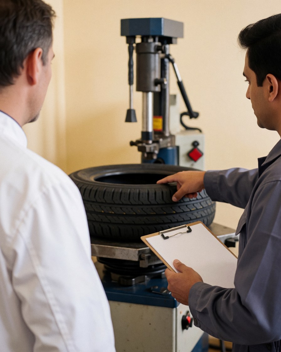 Mécanicien expliquant la réparation d'un pneu à un client avec une machine visible dans un atelier bien éclairé