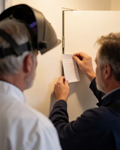 Un technicien examine le joint d'étanchéité d'un réfrigérateur à l'aide d'une feuille de papier pendant qu'un client observe la scène de réparation.