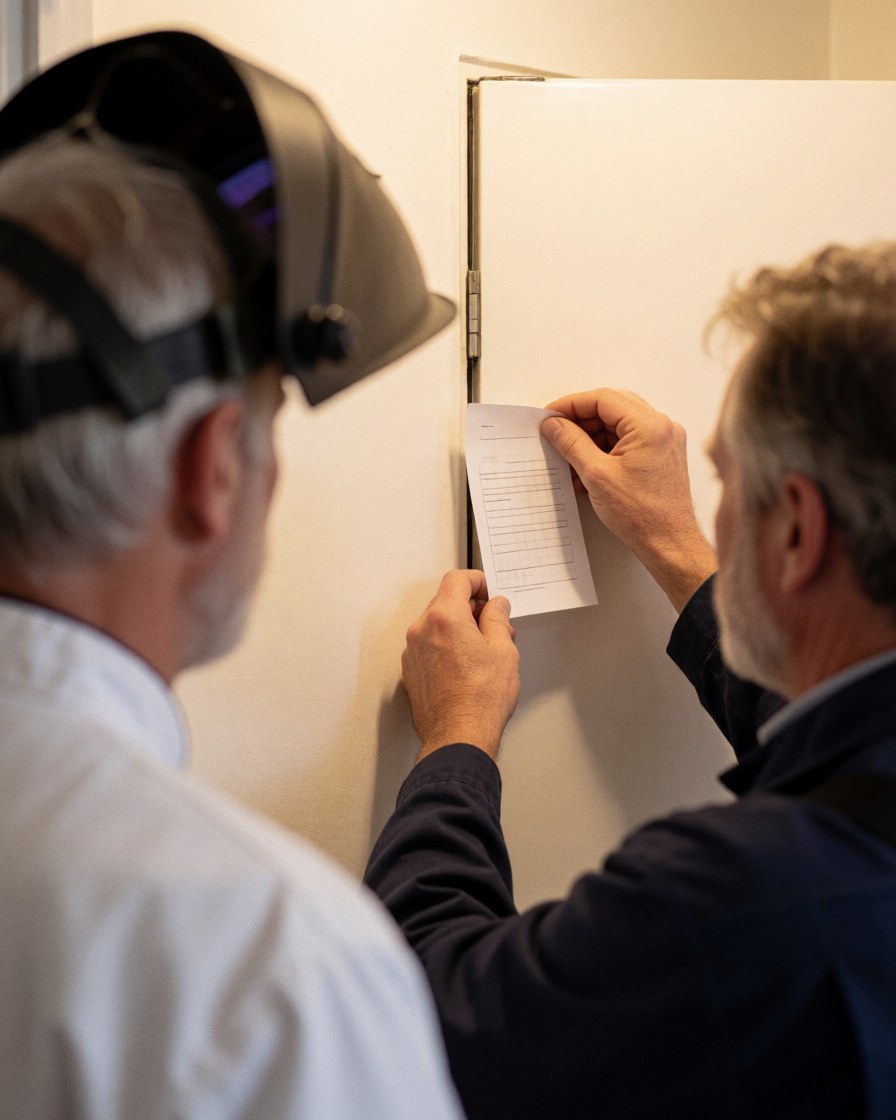 Un technicien examine le joint d'étanchéité d'un réfrigérateur à l'aide d'une feuille de papier pendant qu'un client observe la scène de réparation.