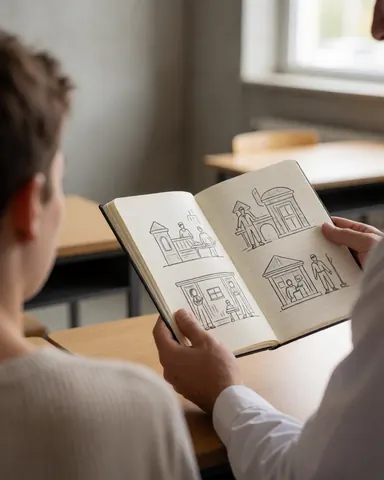 Un étudiant en cours d'espagnol regarde des illustrations culturelles dans un cahier ouvert, dans une pièce avec des murs en béton et une lumière naturelle.