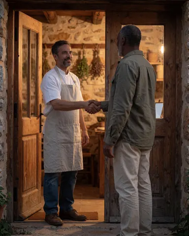 Un client et un hôte échangent une poignée de main devant la porte en bois d'un gîte rural, avec un mur de pierre et des herbes séchées baignées par la lumière chaude du coucher de soleil.