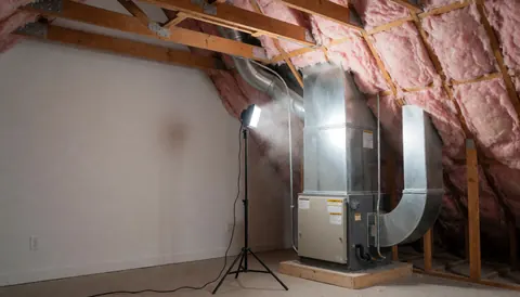 Équipement de chauffage installé dans un plafond avec des conduits en métal et une isolation rose, éclairé par une lumière portable pour la réparation.