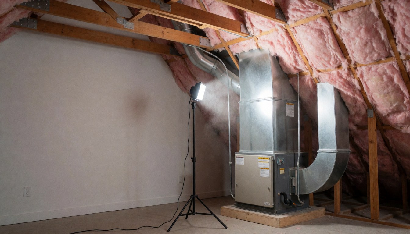 Équipement de chauffage installé dans un plafond avec des conduits en métal et une isolation rose, éclairé par une lumière portable pour la réparation.